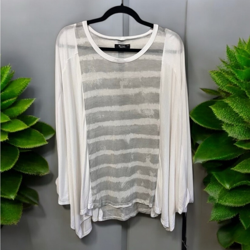 ☀️NWT Michael Lauren Womens Semi Sheer Top Striped Oversized White Gray XS/S